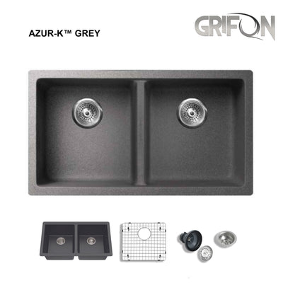 Azur-K™ Grey  31-In Undermount 50/50 Double Bowl Grey Granite Kitchen Sink with Accessories