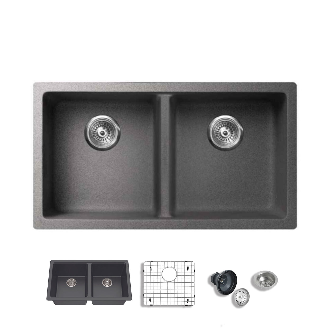 Azur-K™ Grey  31-In Undermount 50/50 Double Bowl Grey Granite Kitchen Sink with Accessories