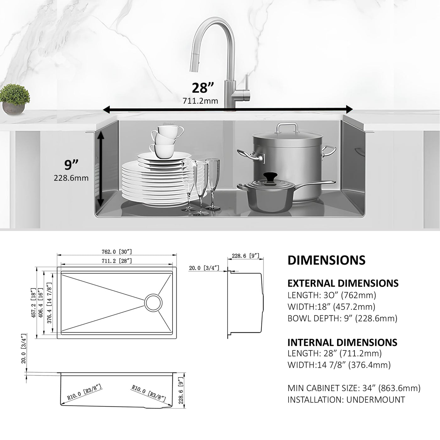 Hydra Tech™ GS430 Stainless steel 30-In Undermount Single Bowl workstation Kitchen Sink with Accessories