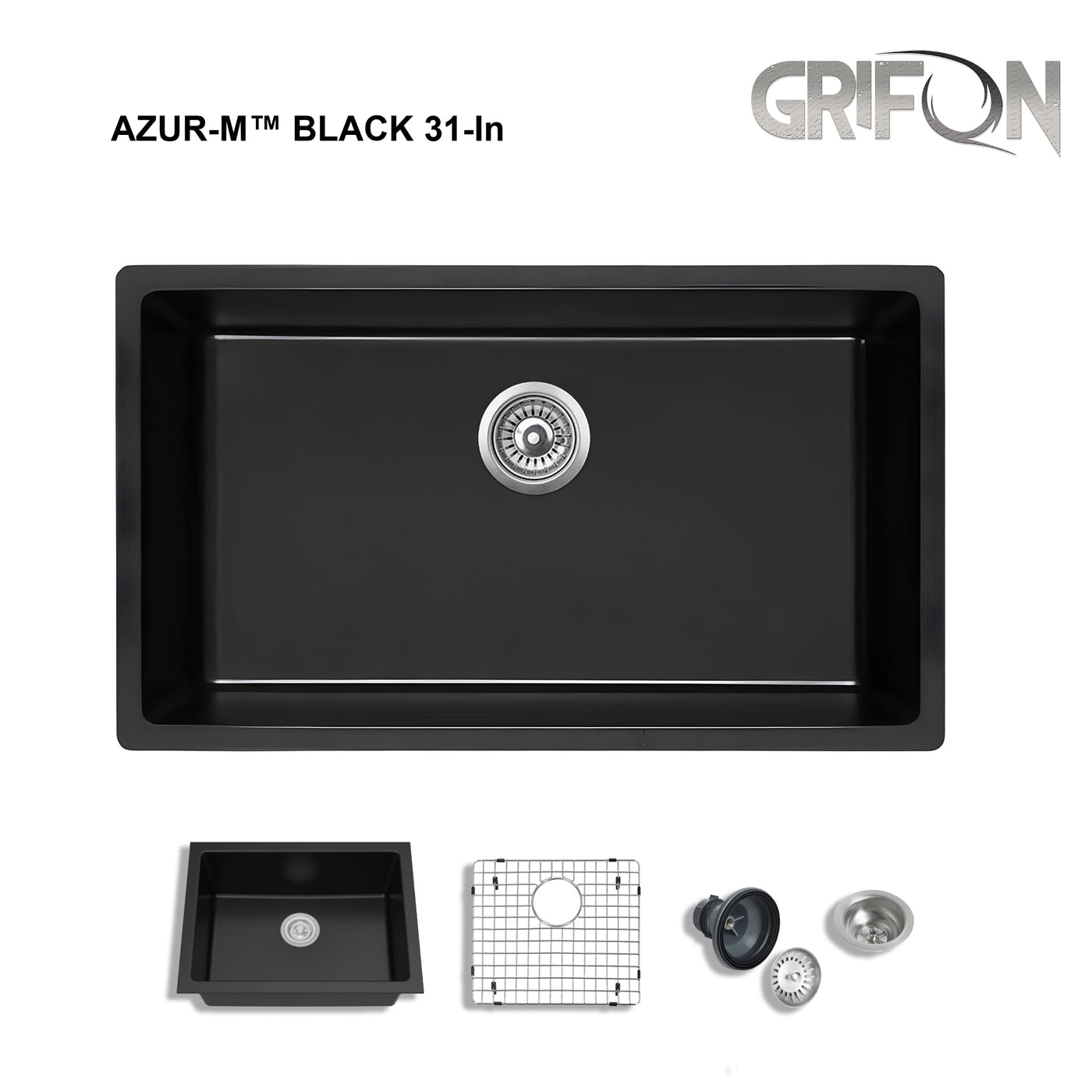 Azur-M™ Black 31-In Undermount Single Bowl Black Granite Kitchen Sink with Accessories