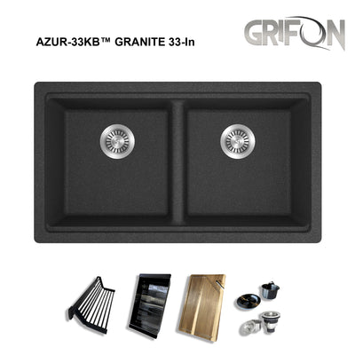 AZUR33™ GGS990 - Granite 33" 50/50 double Bowl Undermount Workstation Kitchen Sink