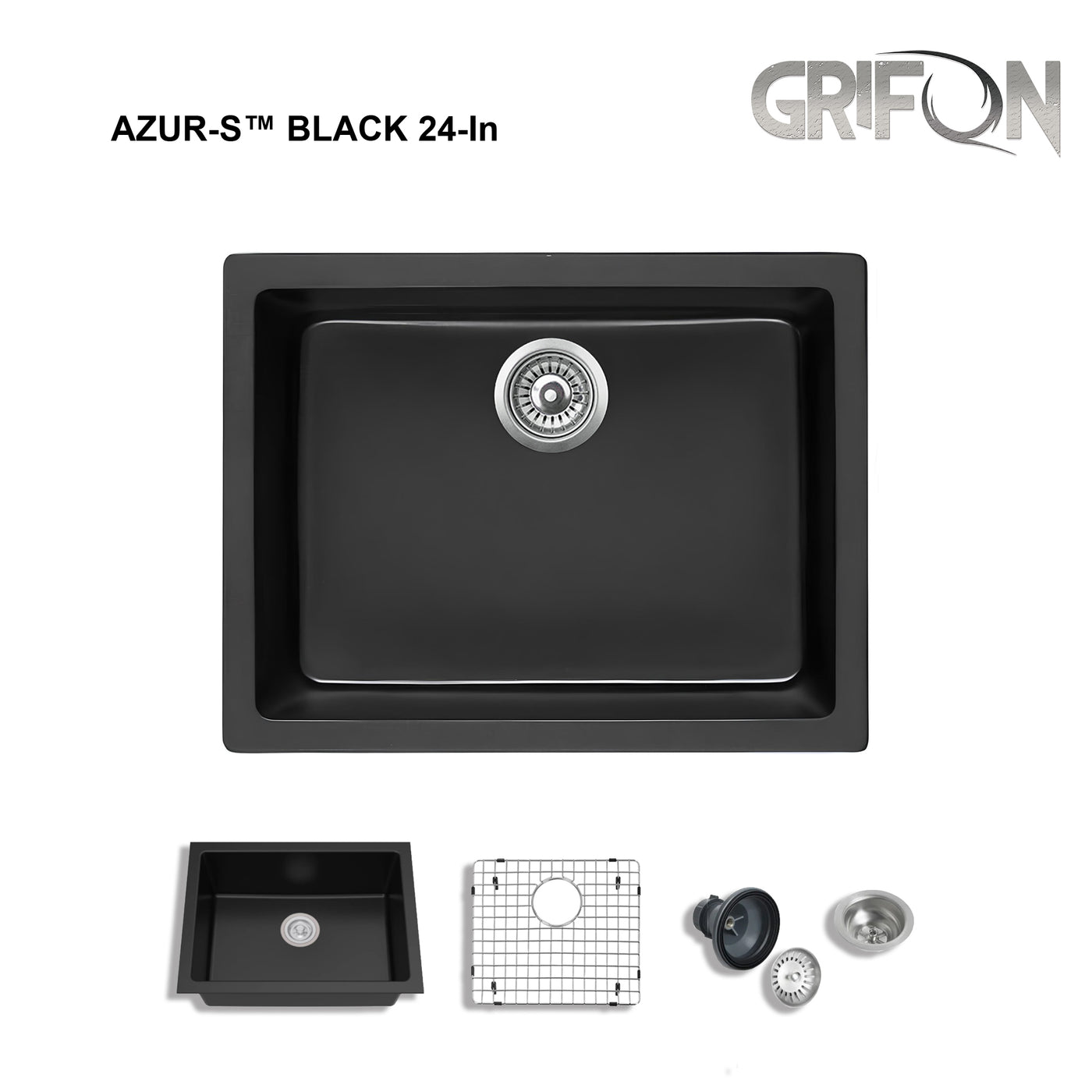 Azur-S™ Black  24-In Undermount Single Bowl Black Granite Kitchen Sink with Accessories