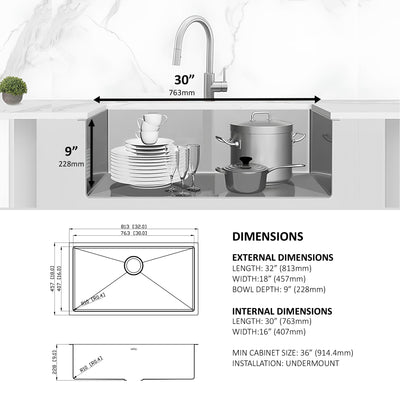 Eterna™ GS313 - Stainless Steel 32-in Single bowl Undermount Standard Kitchen sink with accessories