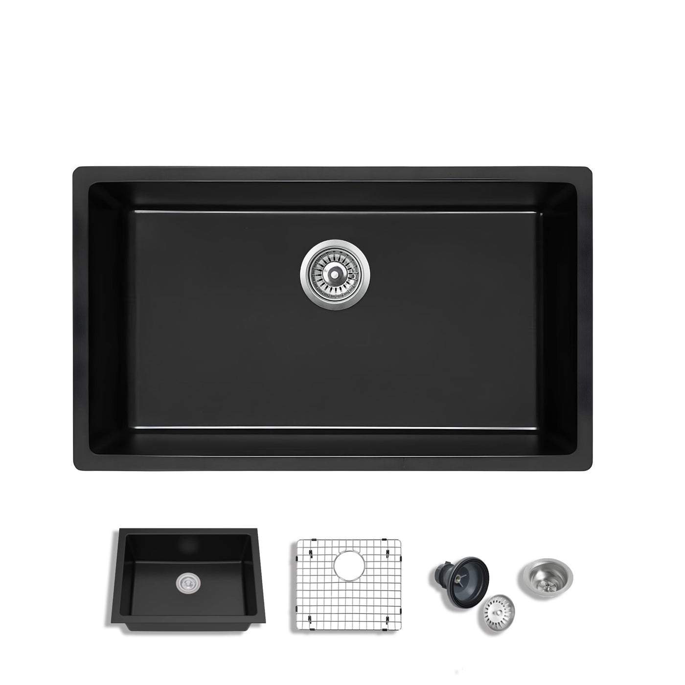 Azur-M™ Black 31-In Undermount Single Bowl Black Granite Kitchen Sink with Accessories