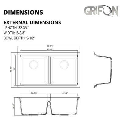 AZUR33™ GGS990 - Granite 33" 50/50 double Bowl Undermount Workstation Kitchen Sink