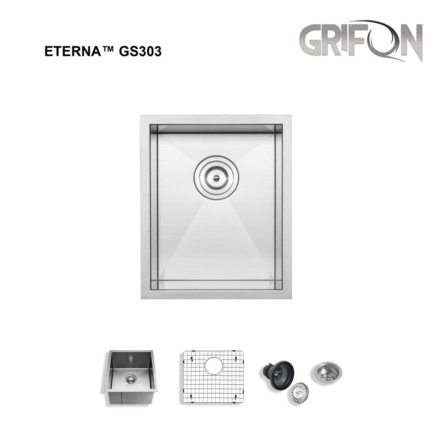 Eterna™ GS303 - Stainless Steel 14-in Single bowl Undermount Standard Kitchen sink with accessories