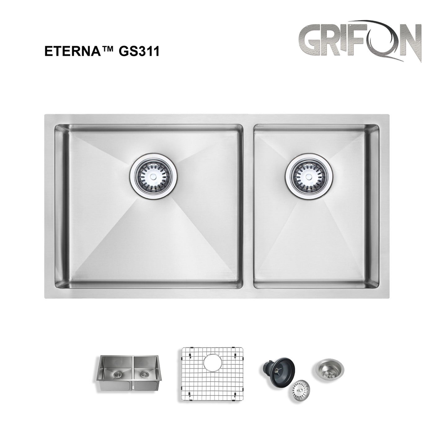 Eterna™ GS311 - Stainless Steel 32-in Double bowl 70/30 Undermount Standard Kitchen sink with accessories