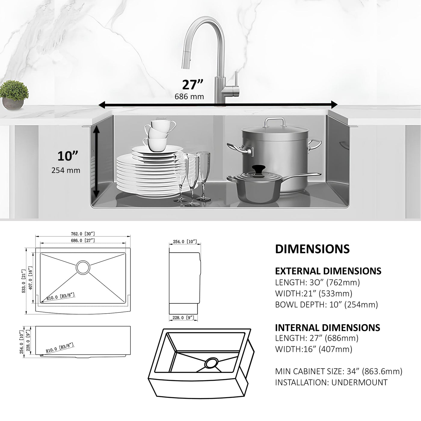 Bel Pro™ GS630 Stainless steel 30-In Undermount Single Bowl Apron Kitchen Sink.