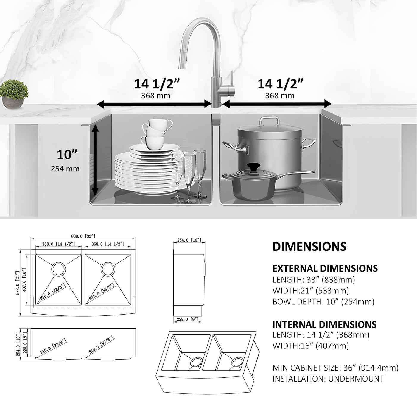 Bel Pro™ GS650 Stainless steel 33-In 50/50 Double Bowl Apron Kitchen Sink.