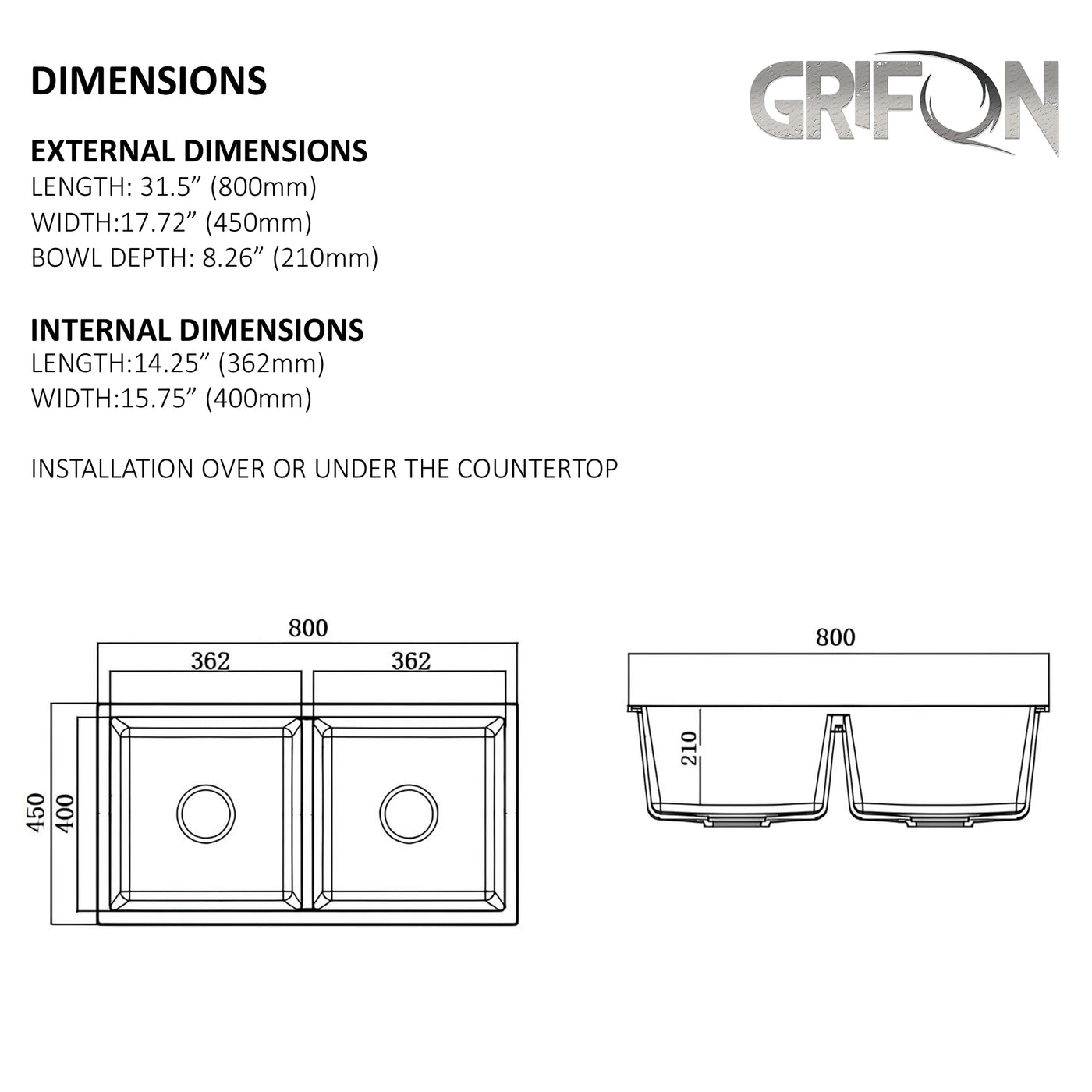 ARIEL 31" GGS 931 - Double Bowl Kitchen Sink