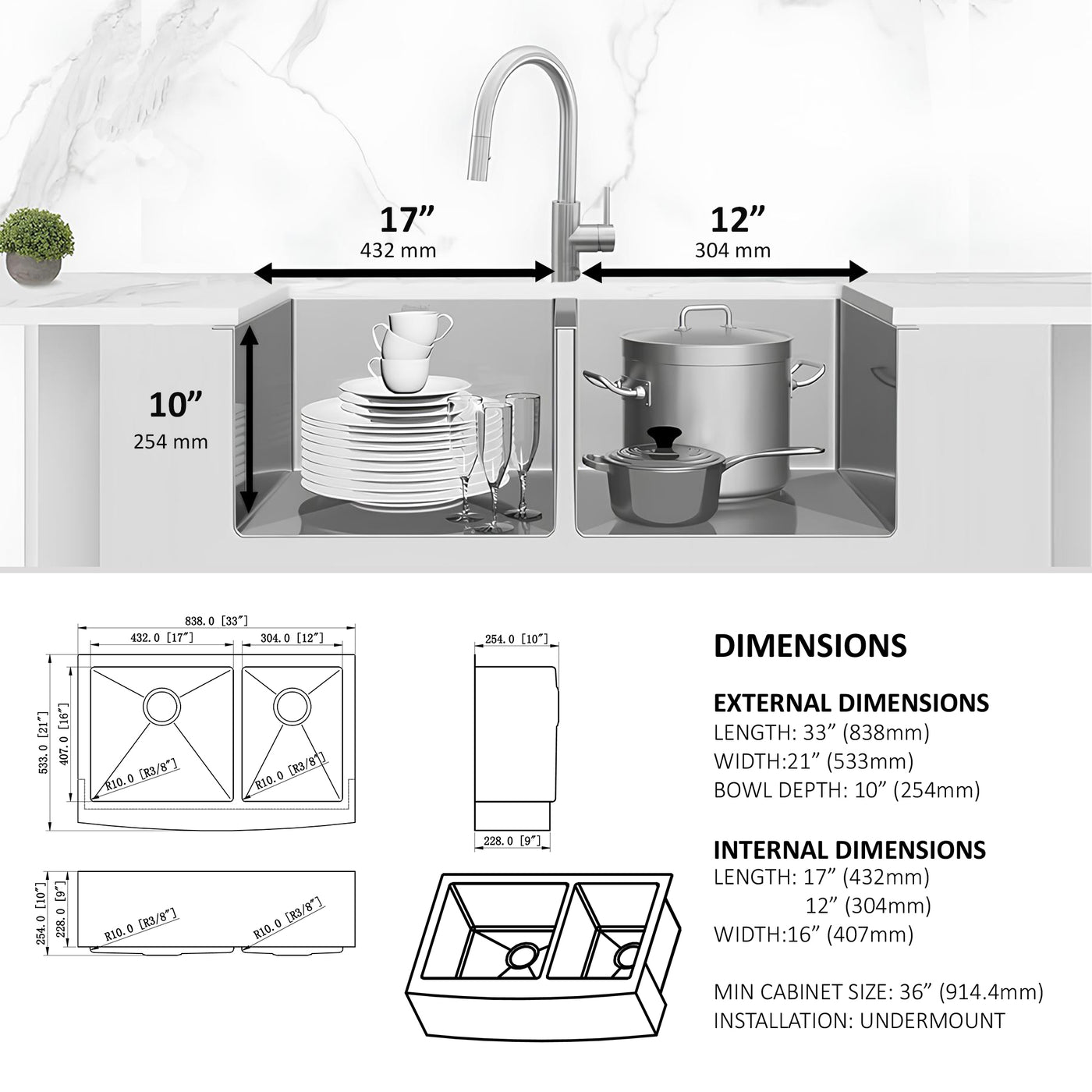 Bel Pro™ GS660 Stainless steel 33-In 60/40 Double Bowl Apron Kitchen Sink.