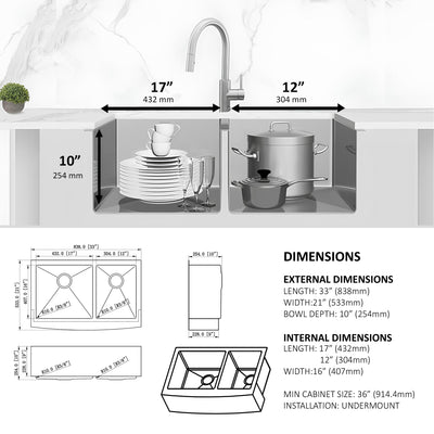 Bel Pro™ GS660 Stainless steel 33-In 60/40 Double Bowl Apron Kitchen Sink.