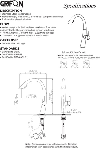 RIO™ GF402 Contemporary Style Single-Handle Kitchen Sink Faucet with Pull-Down Sprayer