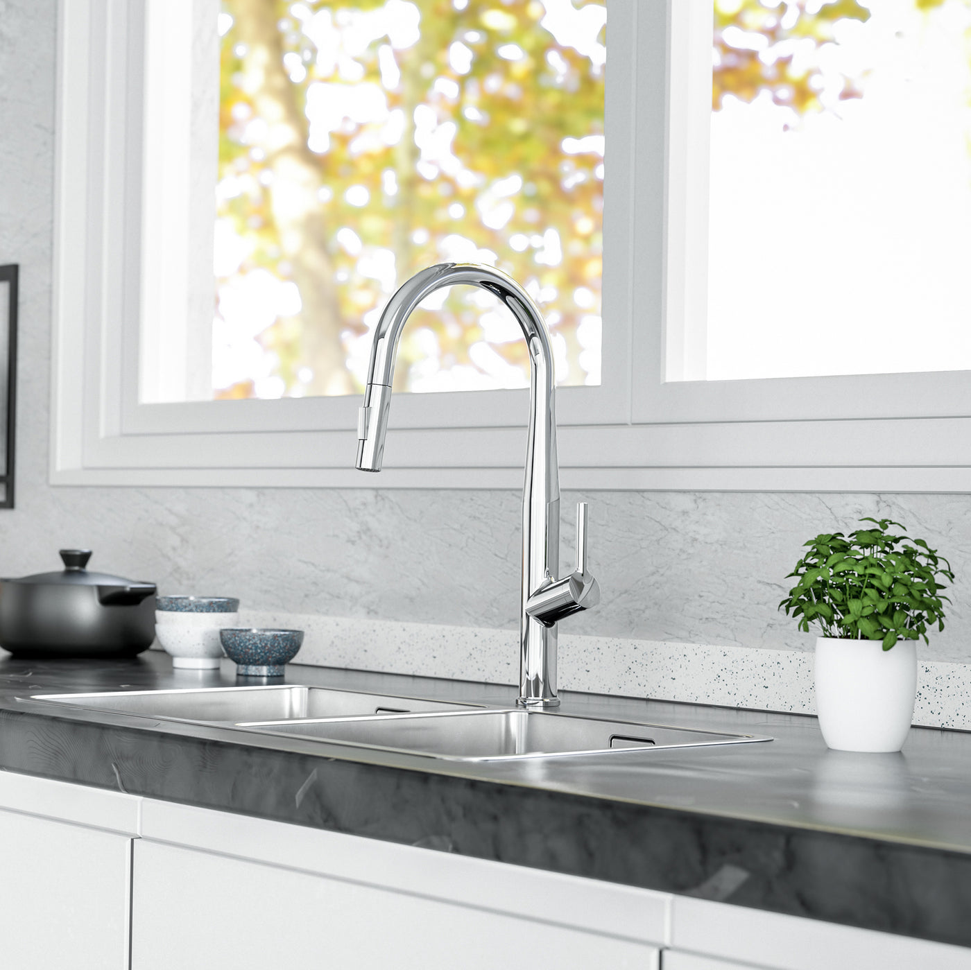 URAL™ GF403 Contemporary Style Single-Handle Kitchen Sink Faucet with Pull-Down Sprayer