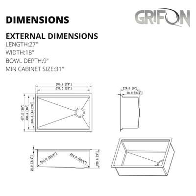 Hydra Tech™ GS427 Stainless steel 27-In Undermount Single Bowl workstation Kitchen Sink with Accessories