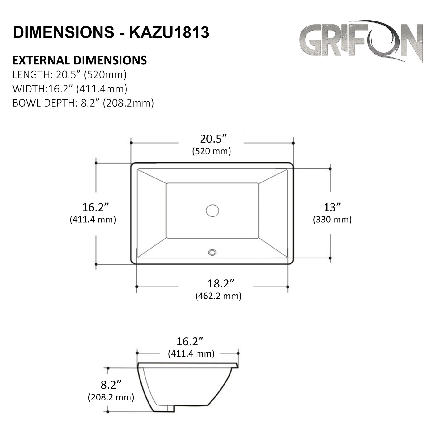 Undermount™ KAZU Rectangular Undermount 20,5-in Ceramic Bathroom Sink in White