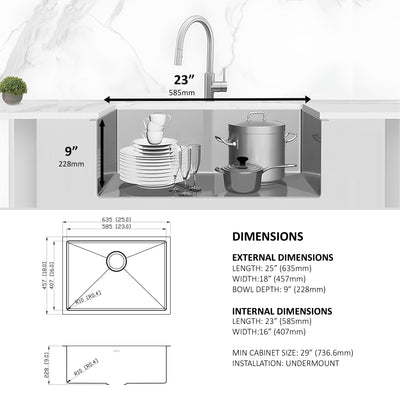 Eterna™ GS310 - Évier de cuisine standard à montage sous plan à une seule cuve de 25 po en acier inoxydable avec accessoires