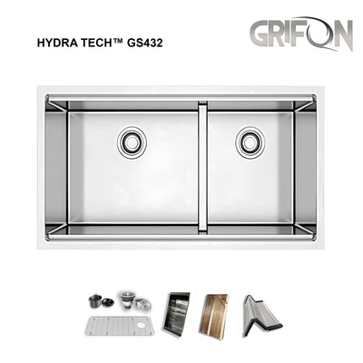 Hydra Tech™ GS432 Stainless steel 32-In Undermount 60/40 Double Bowl Workstation Kitchen Sink with Accessories