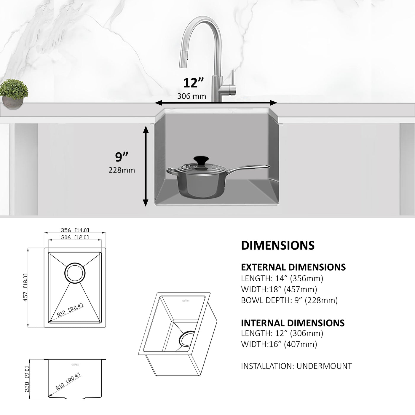 Eterna™ GS303 - Évier de cuisine standard à montage sous plan à une seule cuve de 14 po en acier inoxydable avec accessoires