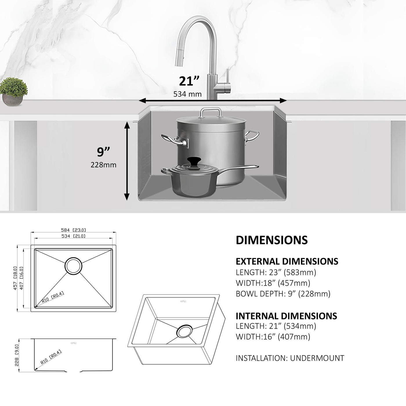 Eterna™ GS308 - Évier de cuisine standard à montage sous plan à une seule cuve de 23 po en acier inoxydable avec accessoires