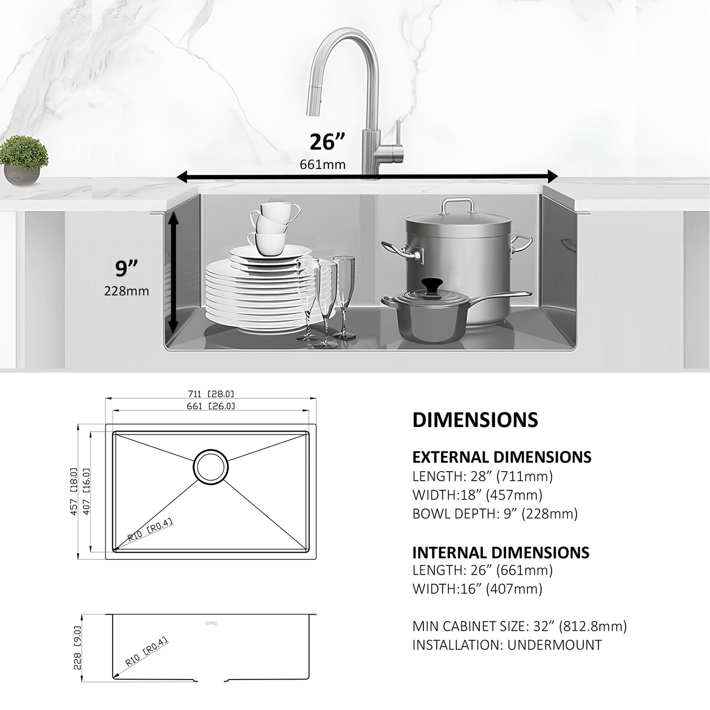 Eterna™ GS319 - Stainless Steel 28-in Single bowl Undermount Standard Kitchen sink with accessories