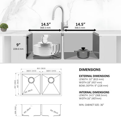 Eterna™ GS312 - Évier de cuisine standard à montage sous plan 50/50 à double cuve de 32 po en acier inoxydable avec accessoires