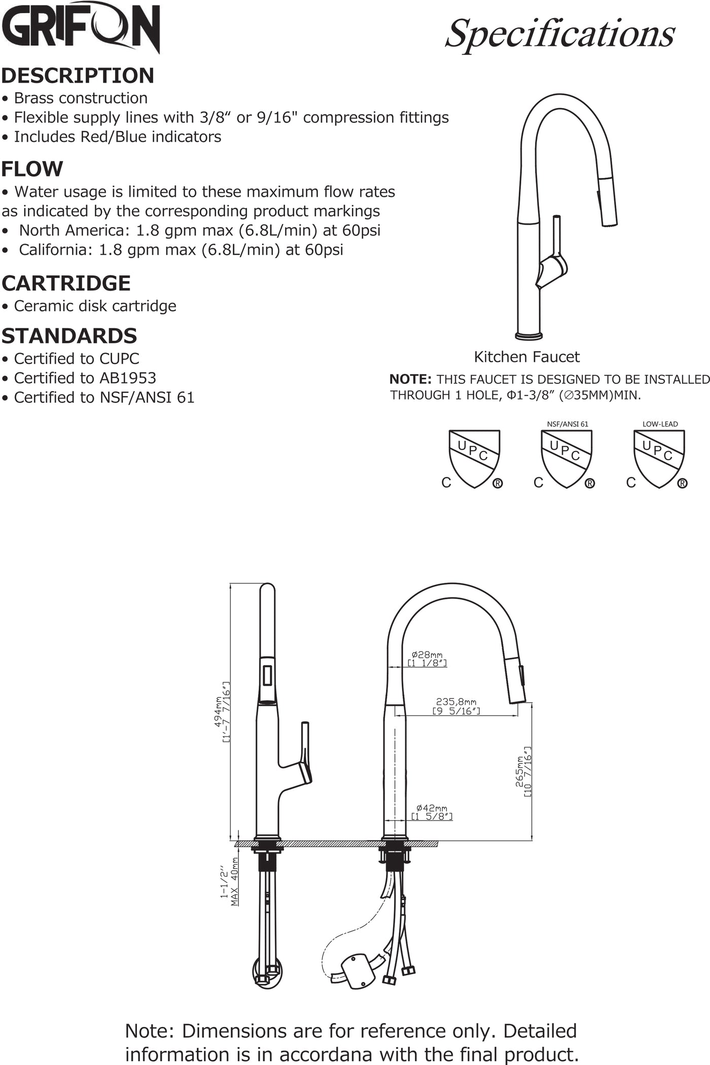 URAL™ GF403 Contemporary Style Single-Handle Kitchen Sink Faucet with Pull-Down Sprayer