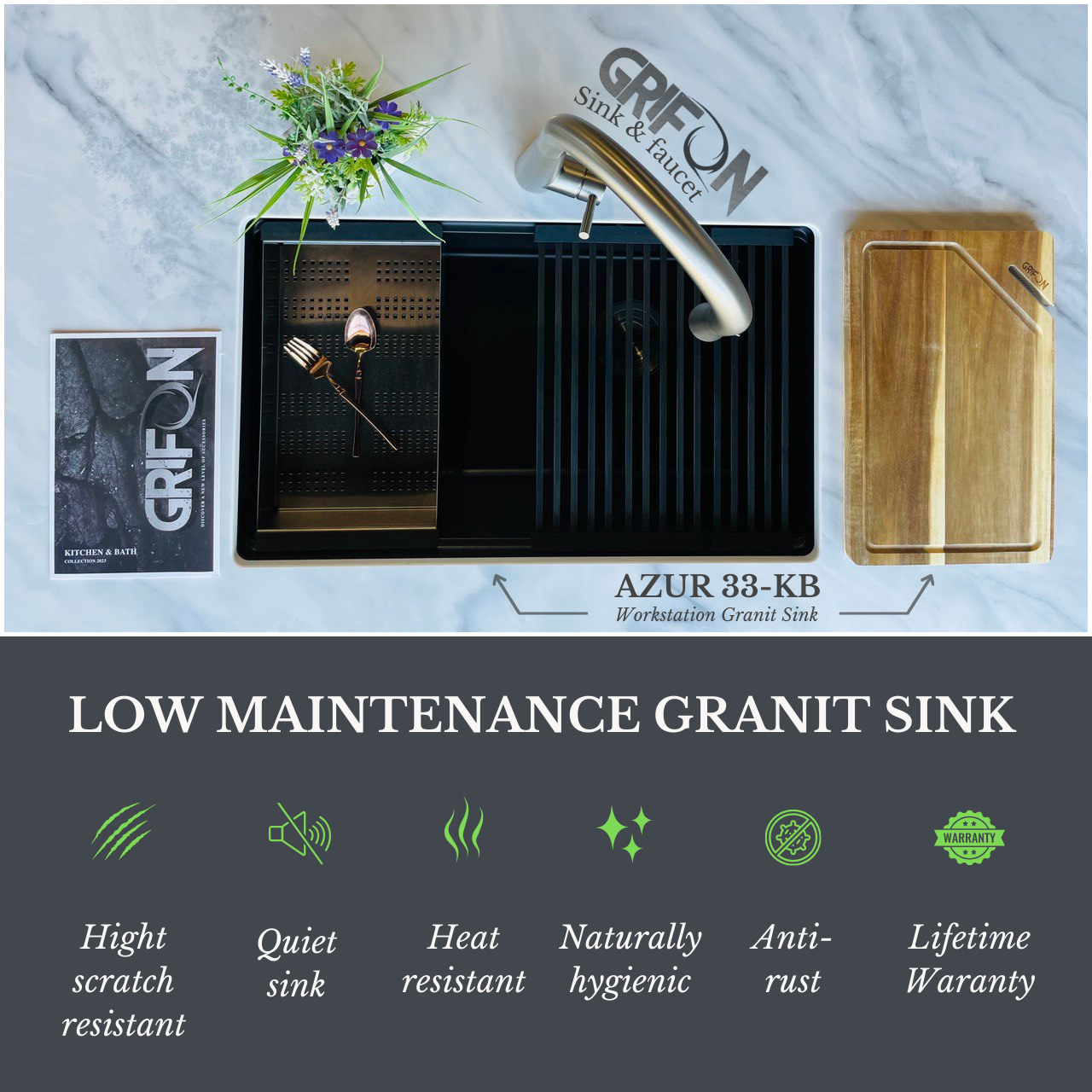 AZUR-30MB™ Granite 30-In Single Bowl Undermount Workstation Kitchen Sink